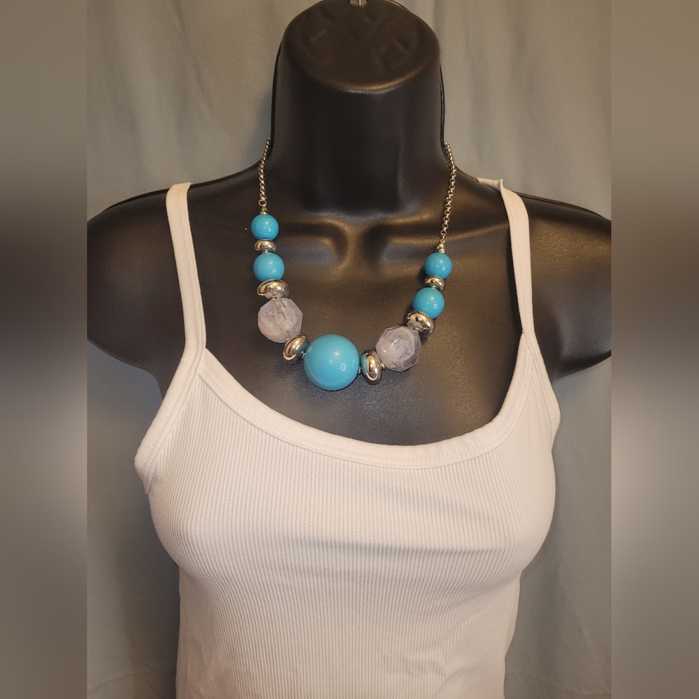 Blue and silver beaded necklace set with blue beaded earrings